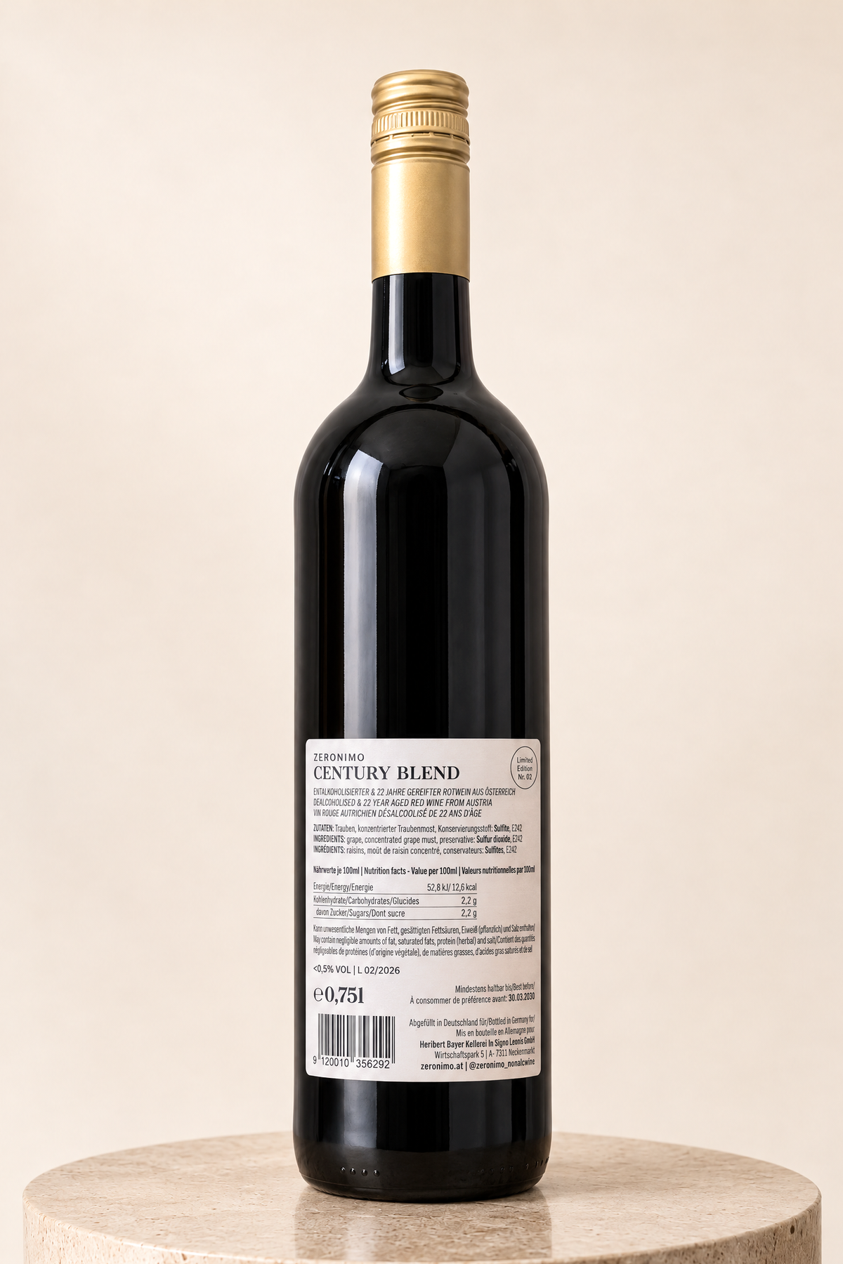 Century Blend 750ml bottle, back label