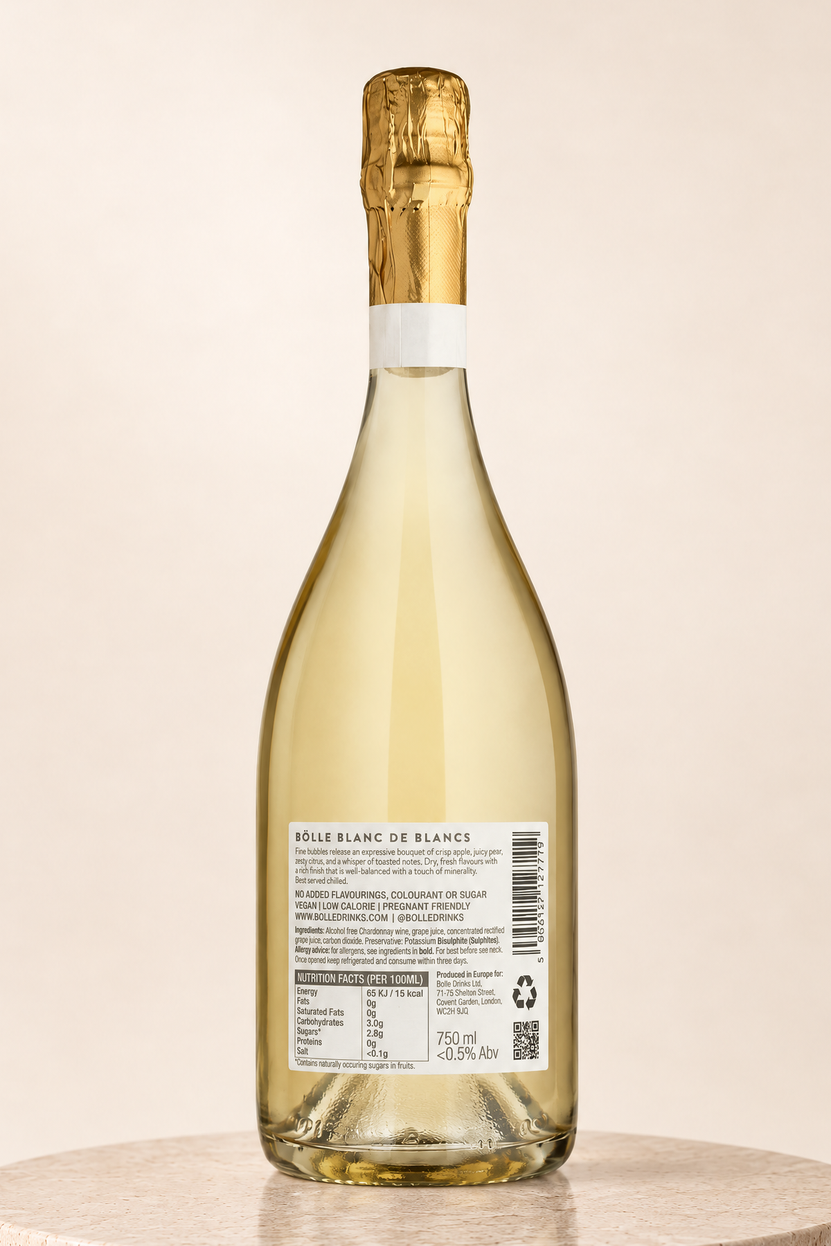 Blanc de Blancs 750ml bottle, back label