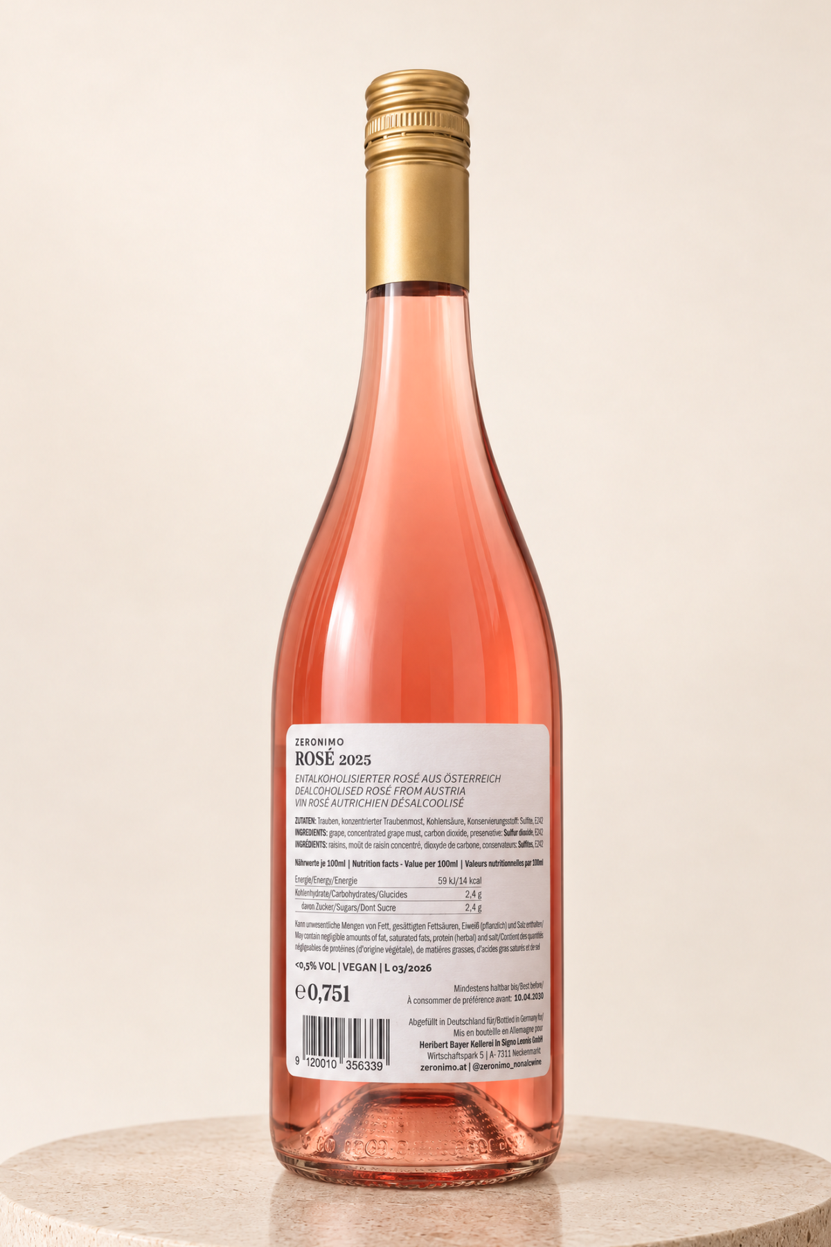 Zeronimo Rosé 2025, 750ml bottle, back label